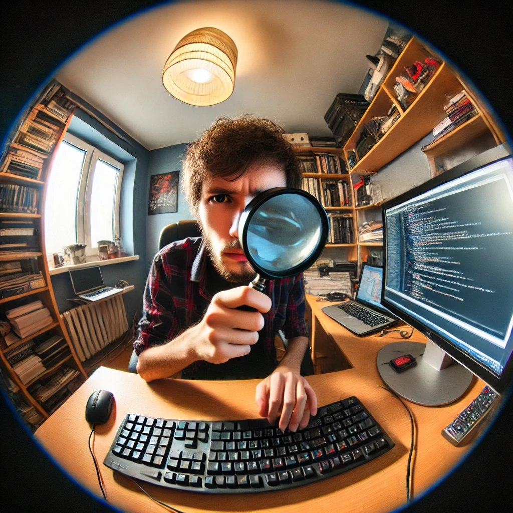 a developer with a magnifying glass